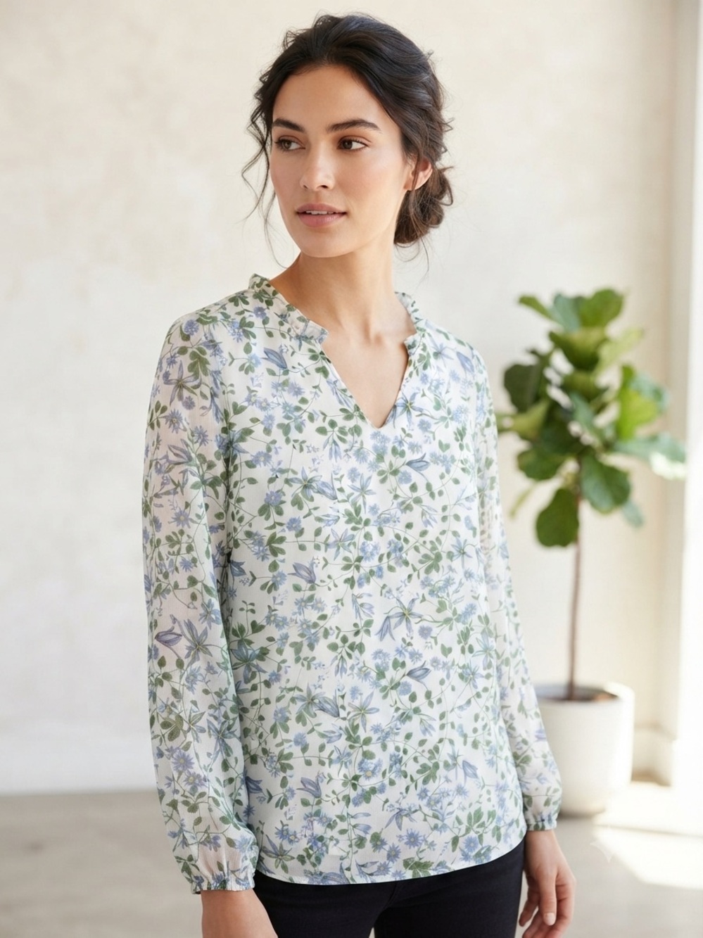 cleo White Floral V-Neck Blouse with Green & Blue Print